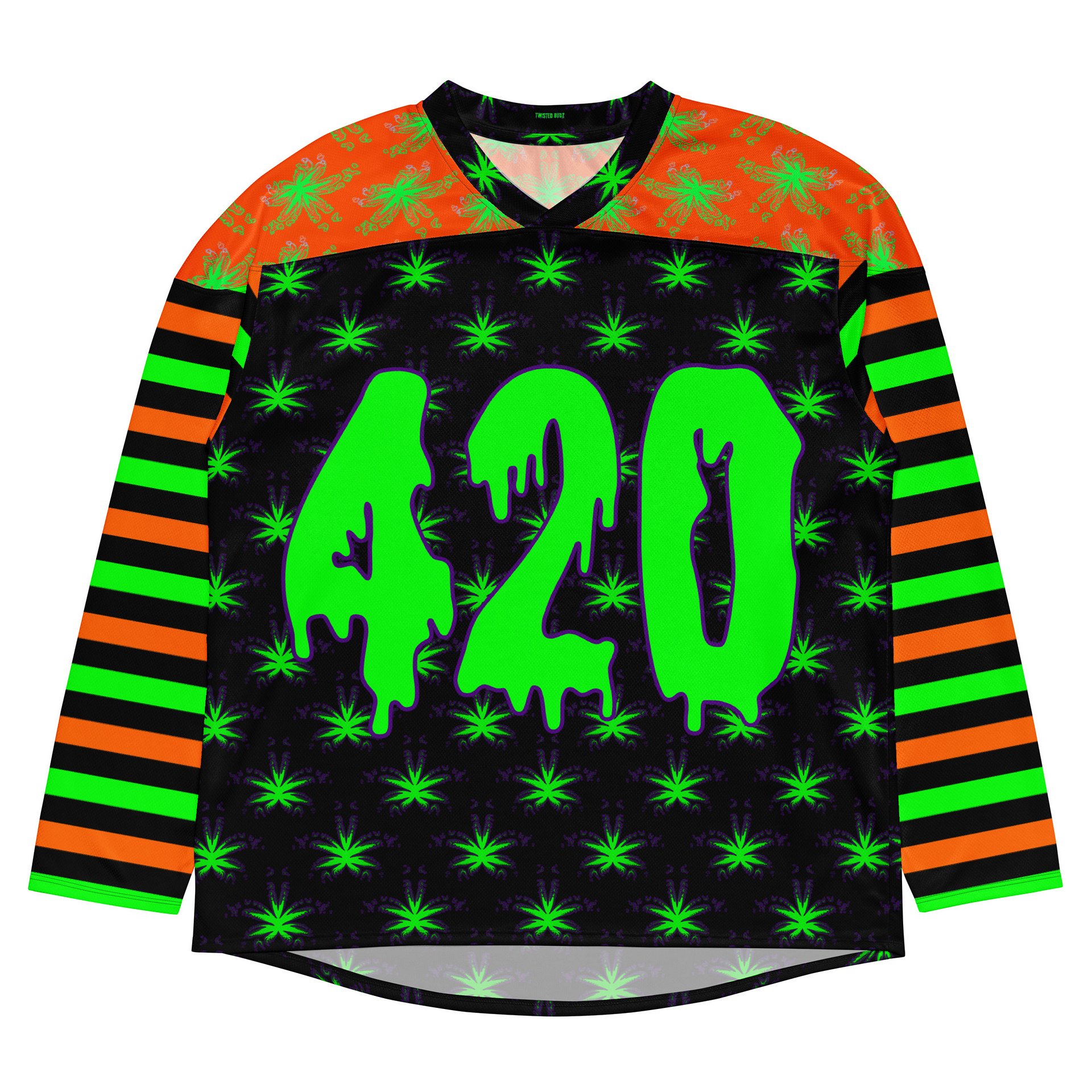 420 Halloween Hockey Jersey, Creepy Cannabis Clothes, Weed Leaf Fall Festival Fashion, Stoner Rave Stripe Shirt, Orange Black Green EDM Wear product image (1)