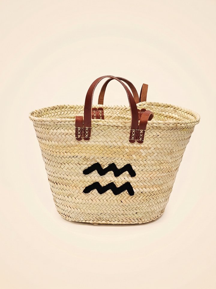 Handmade Straw Tote Bag – Aquarius Zodiac Monogram Market Basket product image (1)