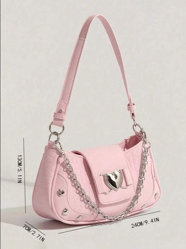 Pink Y2K Saddle Bag | Heart & Chain Detail Top Handle Shoulder Bag | ADLEST product image (3)