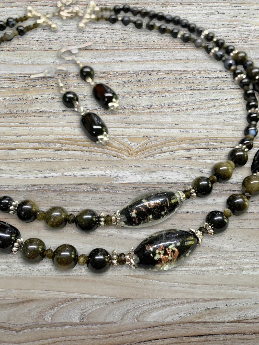 Black Onyx, Golden Sheen Obsidian 2-Strand Beaded Necklace and Earrings product image (5)