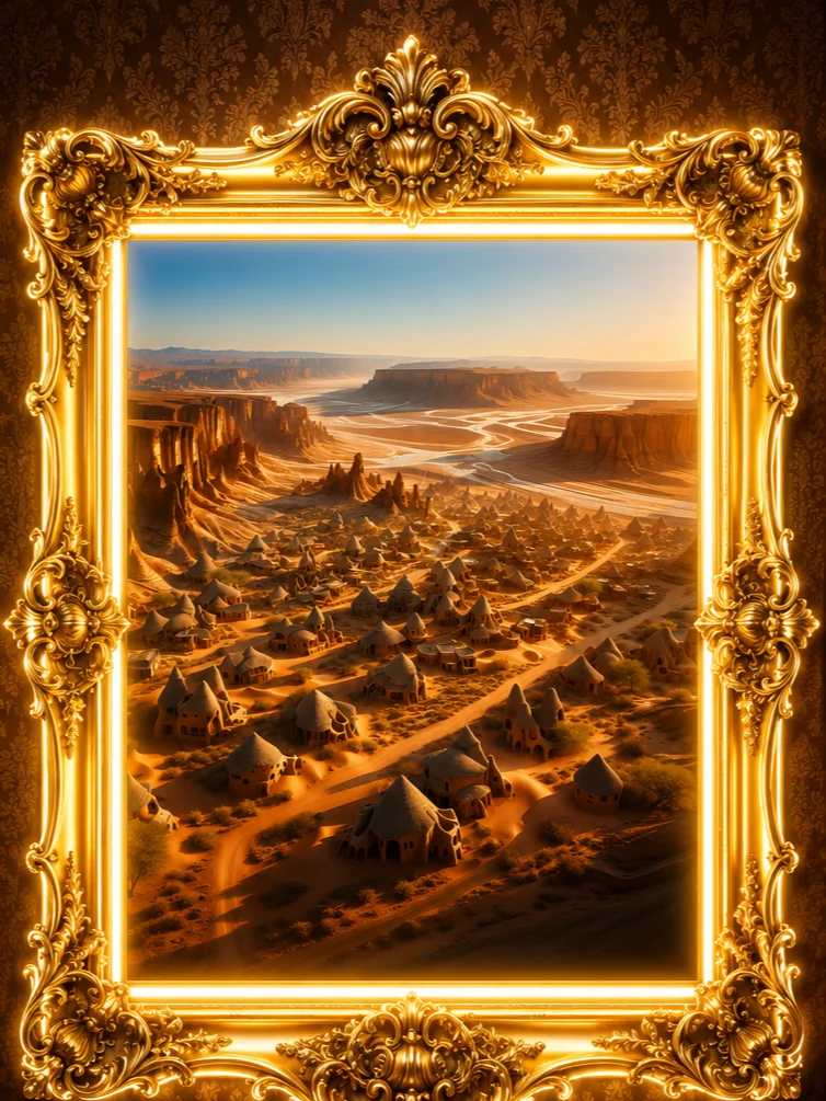 Golden Desert Village Canyon Landscape Art Print product image (1)