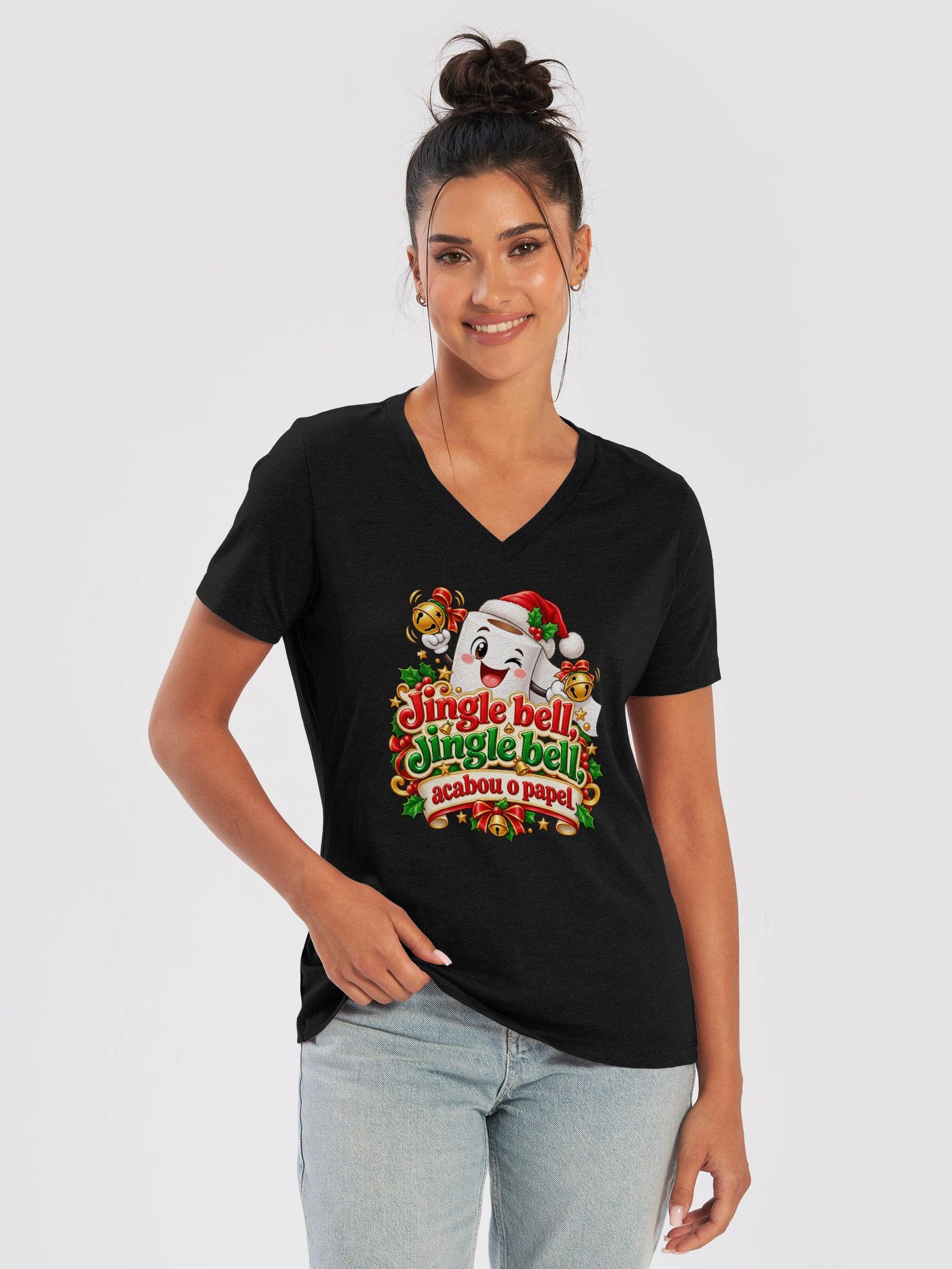 Jingle Bell, Jingle Bell, Acabou o Papel – Funny Christmas V-Neck T-Shirt product image (9)