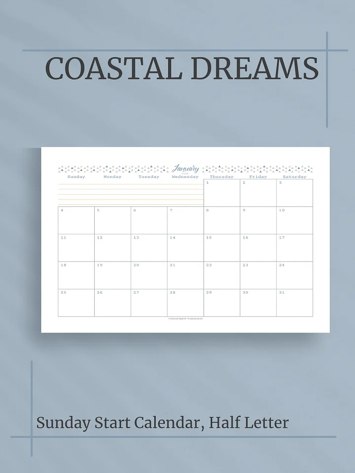 Coastal Dreams 2026 Calendar - Single Page per Month, Sunday Start, Half Letter Size product image (1)