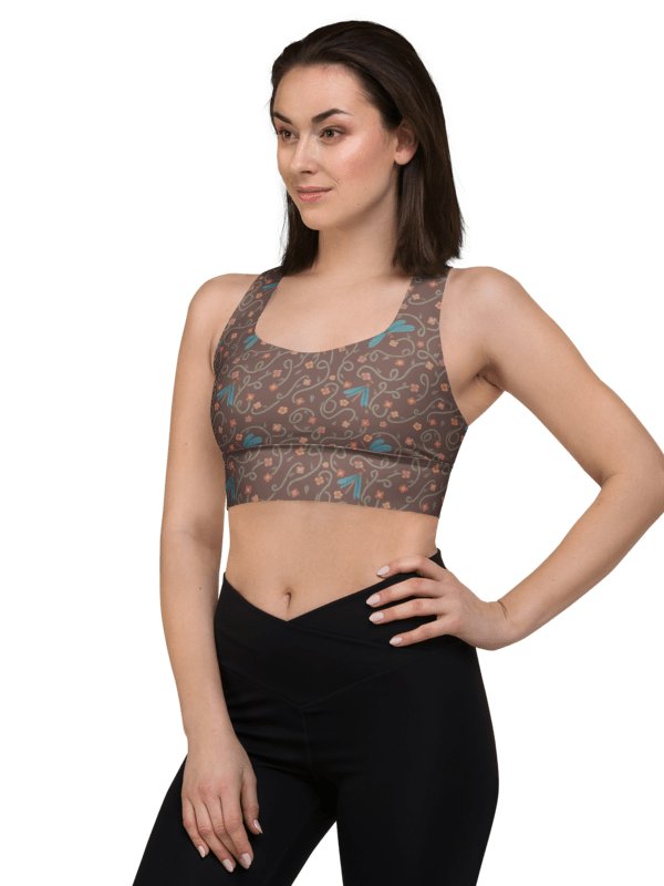 All-Over recycled longline sports bra. Dragonfly and floral artistic activewear product image (1)