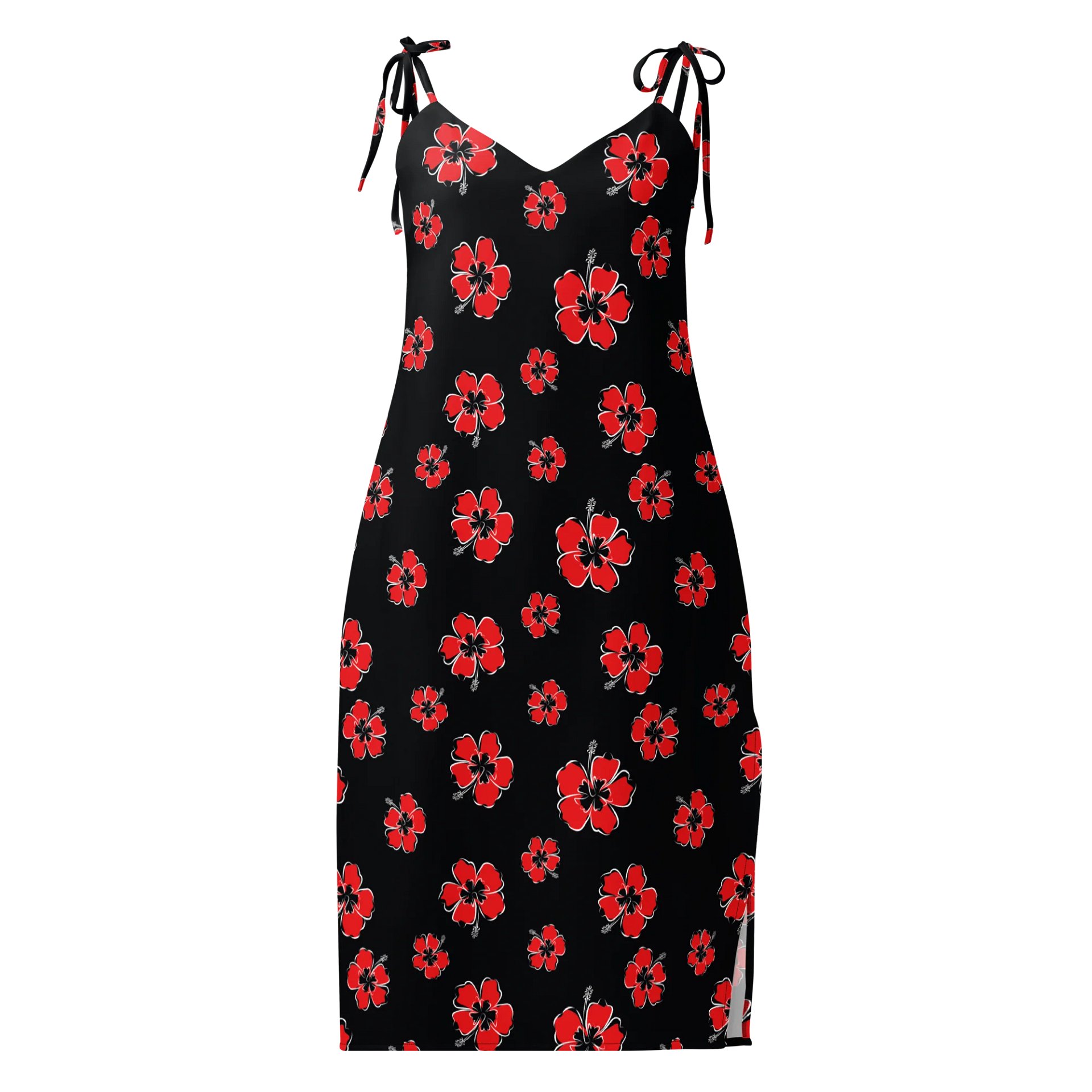 Black Slip Dress with Red Hibiscus Blossoms product image (1)
