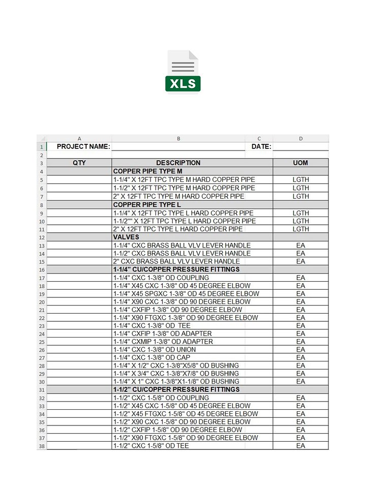 Domestic Water Cu BOM MS Excel Template No.1 & No. 2 product image (2)