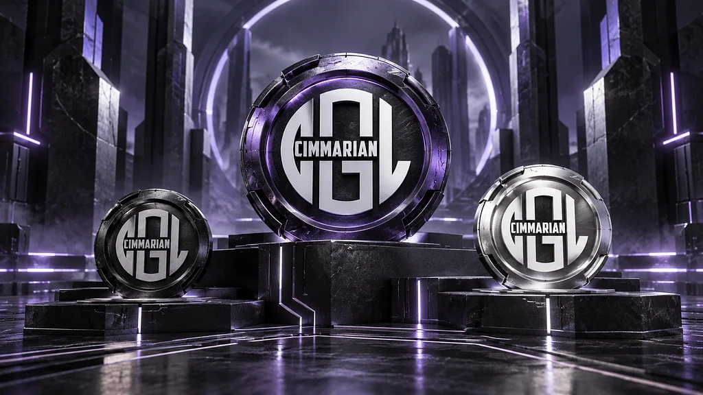 Three Cimmarian medallions in dark metal, silver, and amethyst, representing community progression.