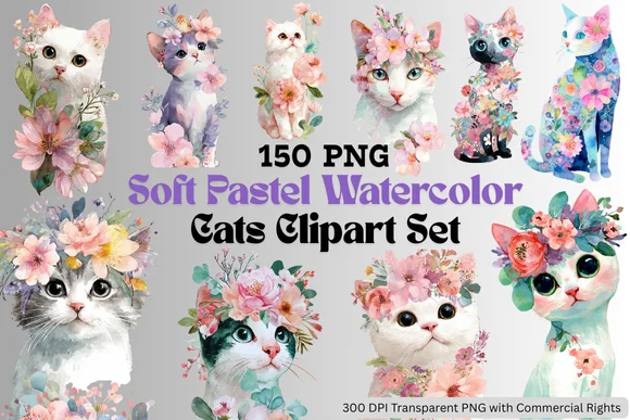 Soft Pastel Watercolor Cats Clipart Set, 150 PNGs for DIY & Commercial Use product image (1)