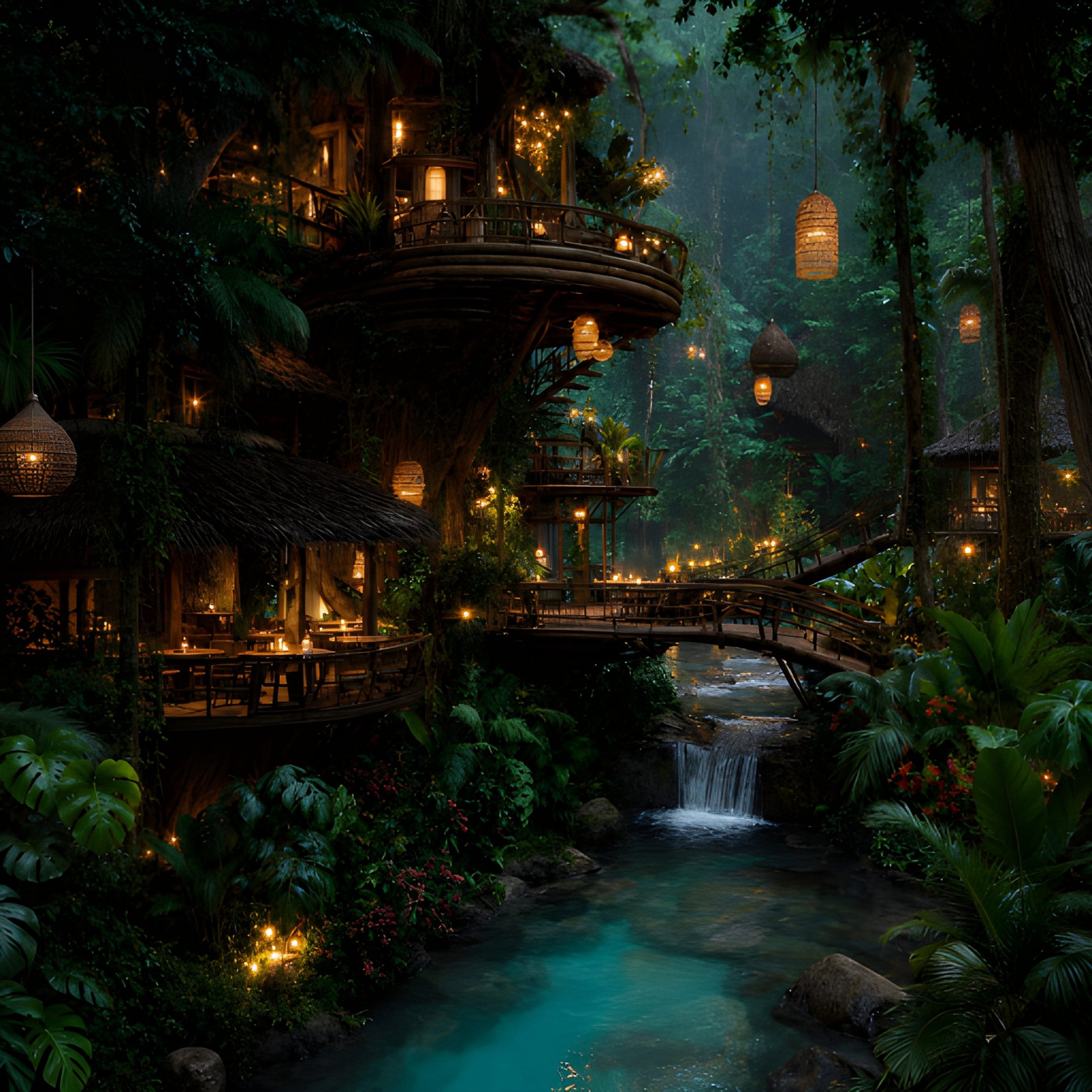 Enchanted Jungle Treehouse Printable Wall Art Gift for Wanderlust Friends Fantasy Tropical River Night Scene 16x16 Digital Download product image (2)