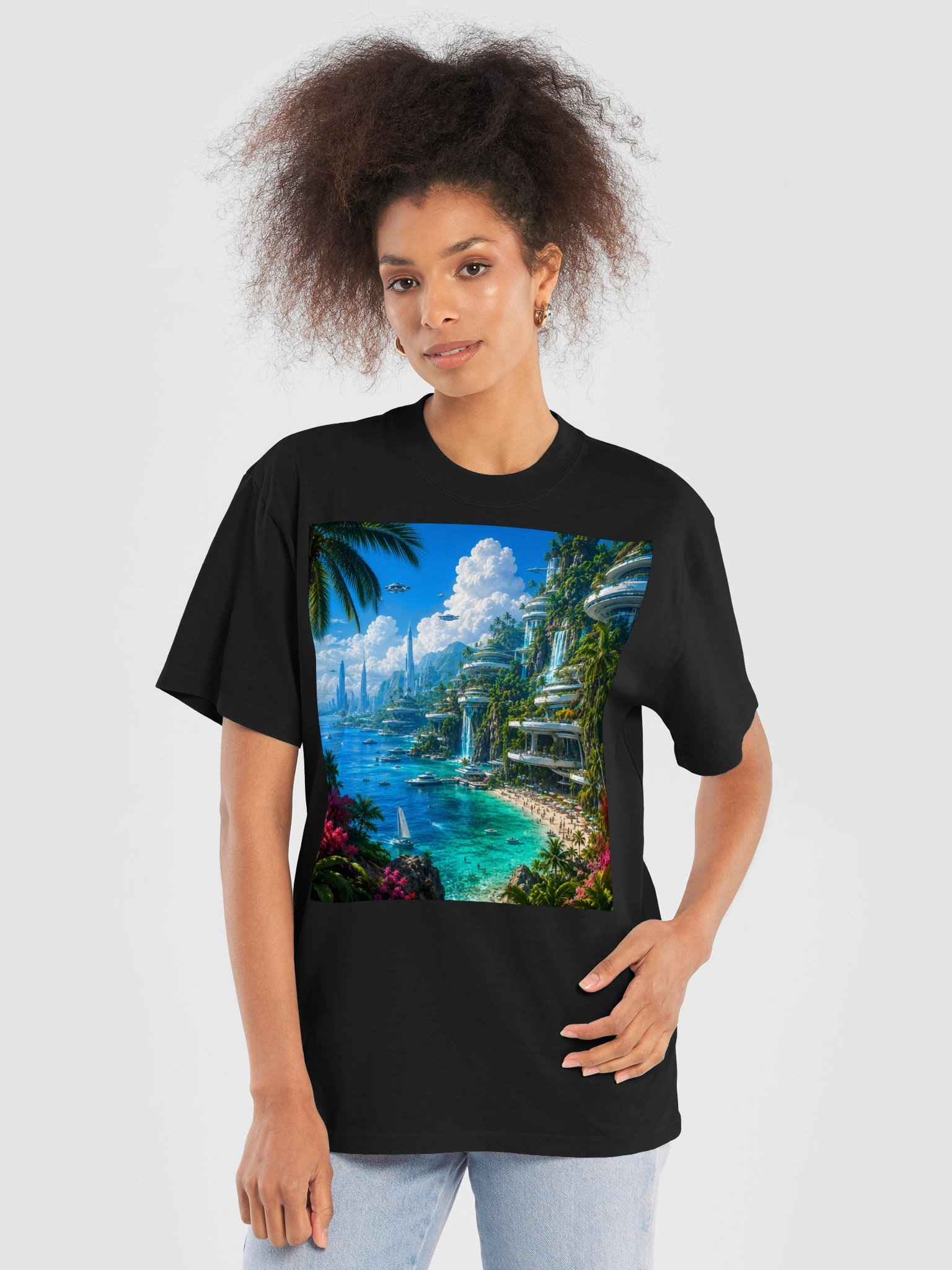 Futuristic Tropical T-Shirt | Cyberpunk Paradise Unisex Oversized Black Tee | Sci-Fi Beach Shirt product image (6)