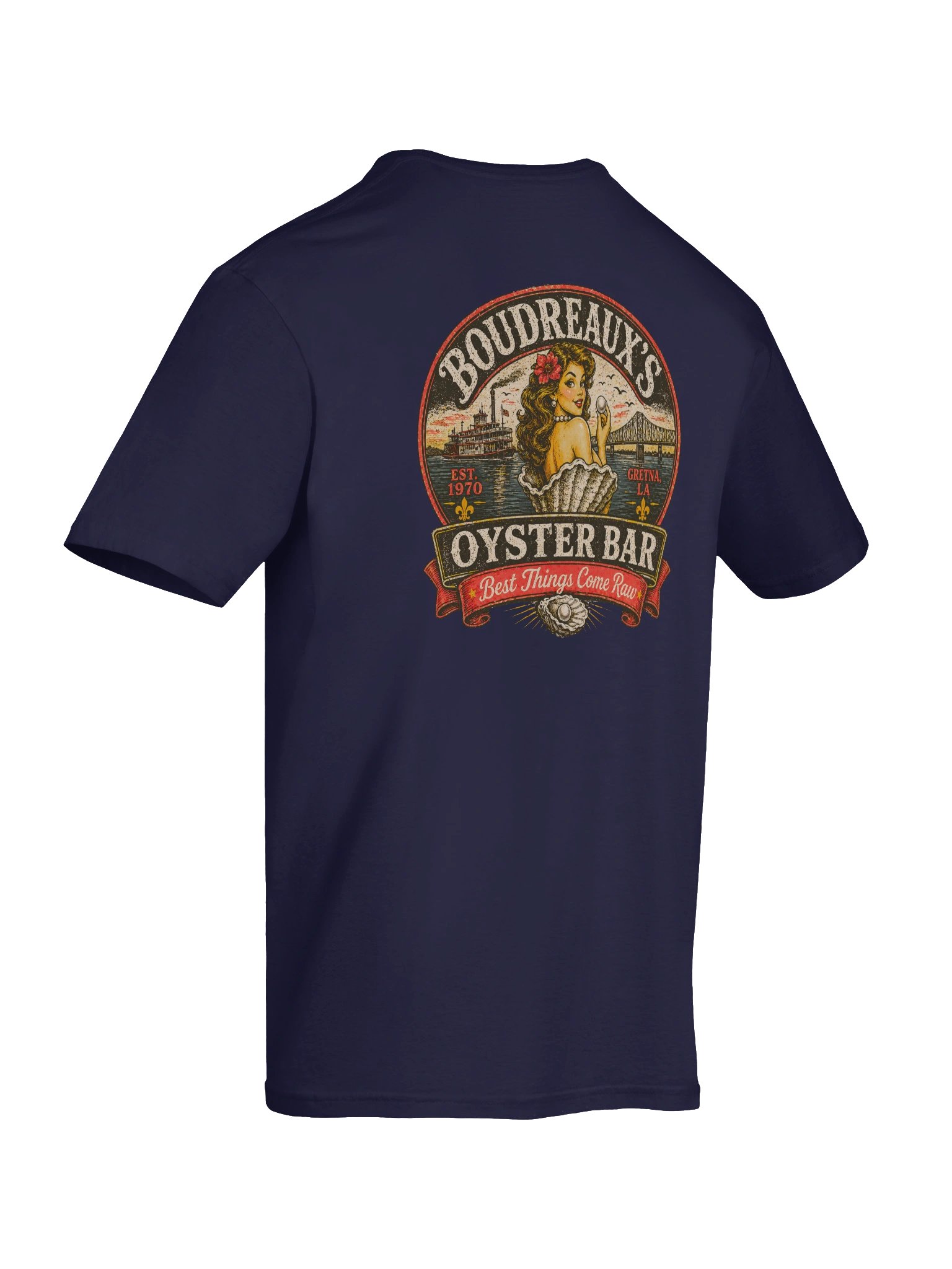 Boudreaux’s Oyster Bar Vintage Tee – Gretna LA Retro Pin-Up Seafood Shirt | Best Things Come Raw product image (26)