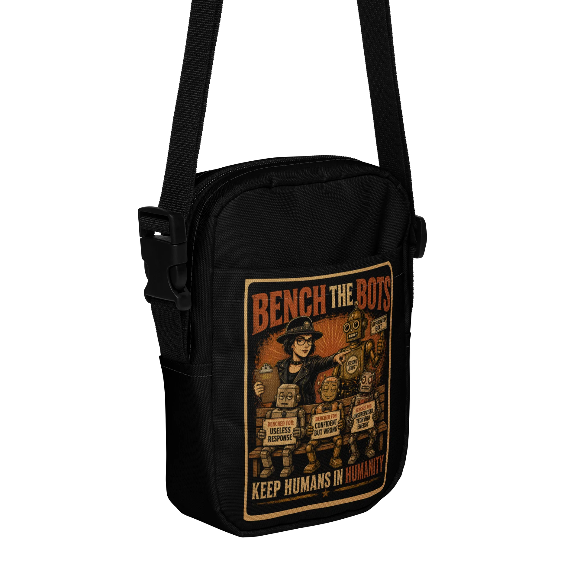 Bench the Bots Utility Crossbody Bag | Retro AI Protest Bag product image (4)