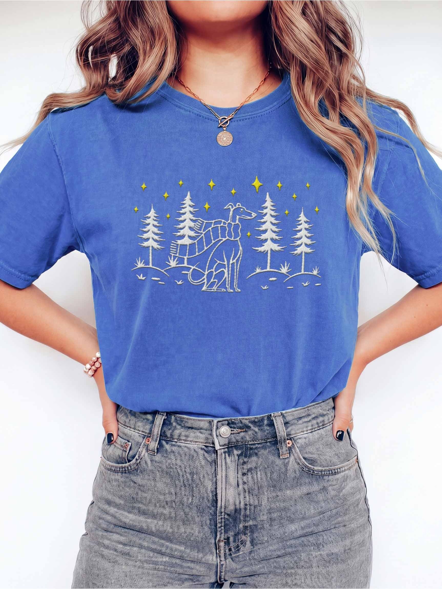 Italian Greyhound Winter/Christmas Line Art Design Embroidered T-Shirt product image (2)