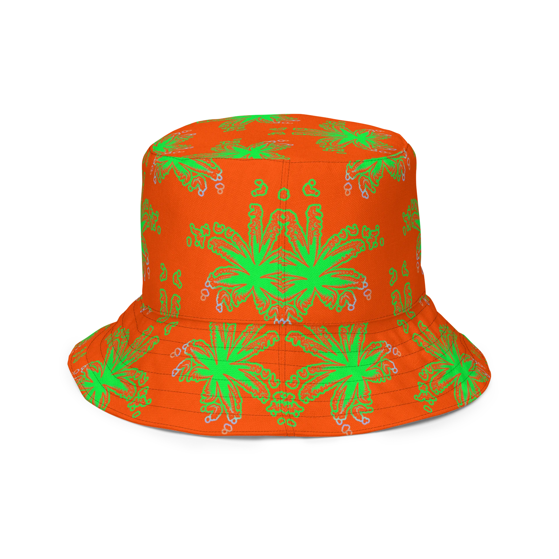 Stoner Raver Reversible Bucket Hat, Cannabis Halloween Accessory, Weird Weed Rave Wear, Orange Green Black Pot Leaf 420 Alt Festival Fashion product image (10)