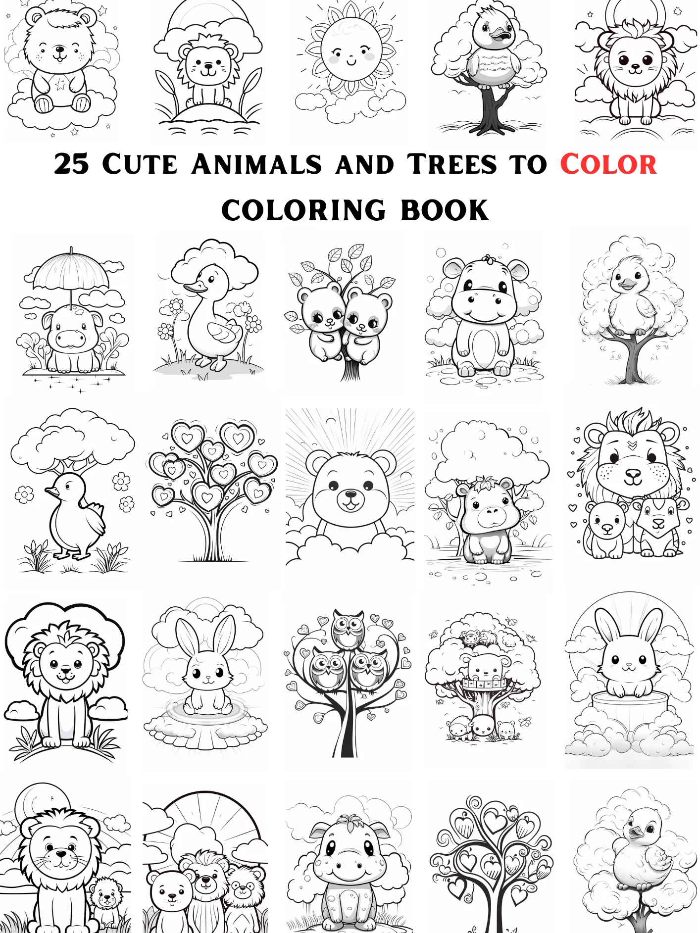 25 CUTE ANIMALS AND TREES TO COLOR 🎨 PRINTABLE ANIMALS COLORING BOOK 🖍 product image (1)