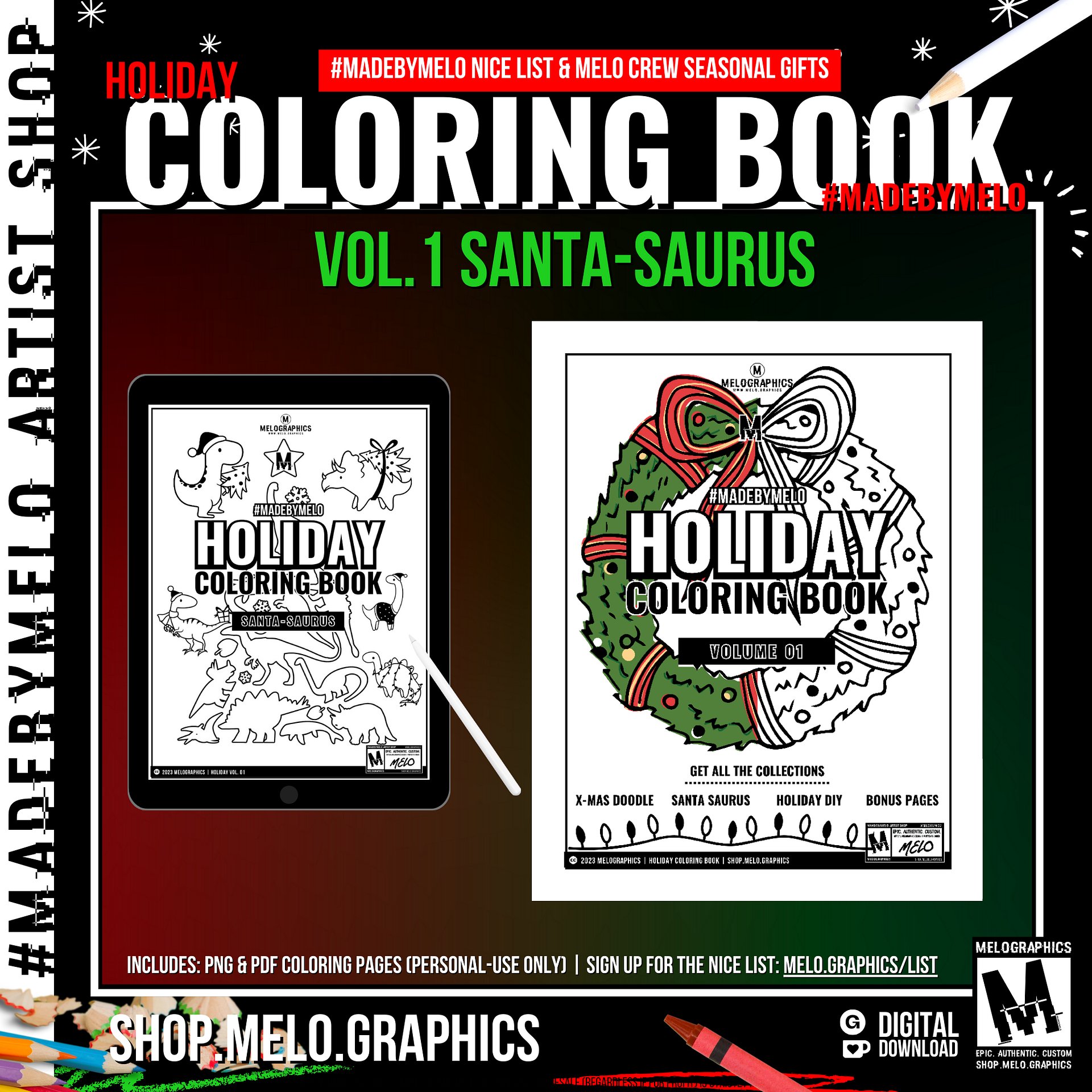 🖍️ Holiday Coloring Book Vol 1: Santa-Saurus - Printable PDF | #MadeByMELO product image (1)