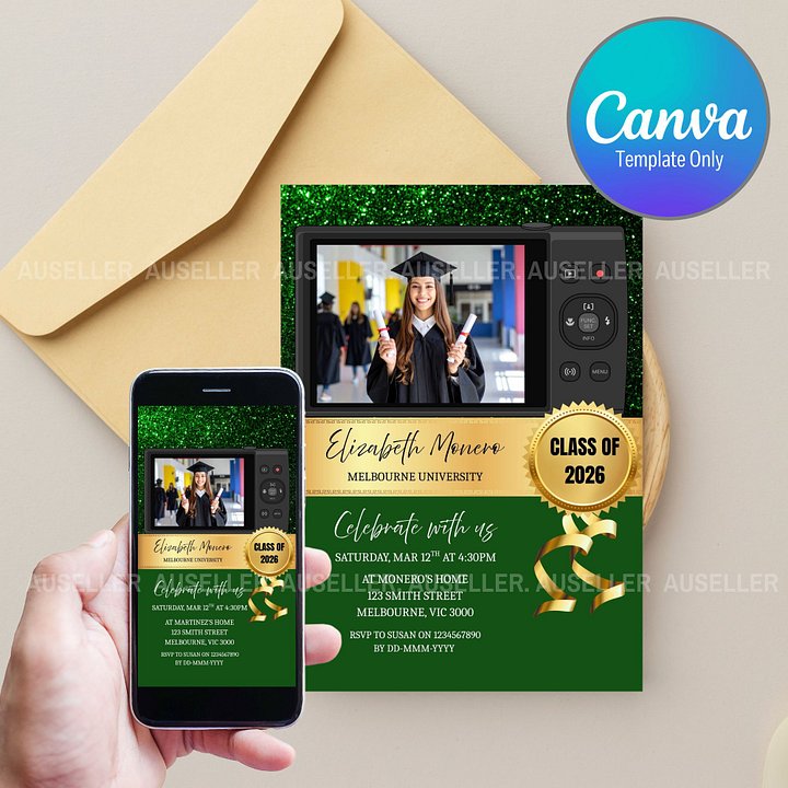 Green Gold Modern Graduation Photo Invitation 2026 Editable Canva Template product image (1)