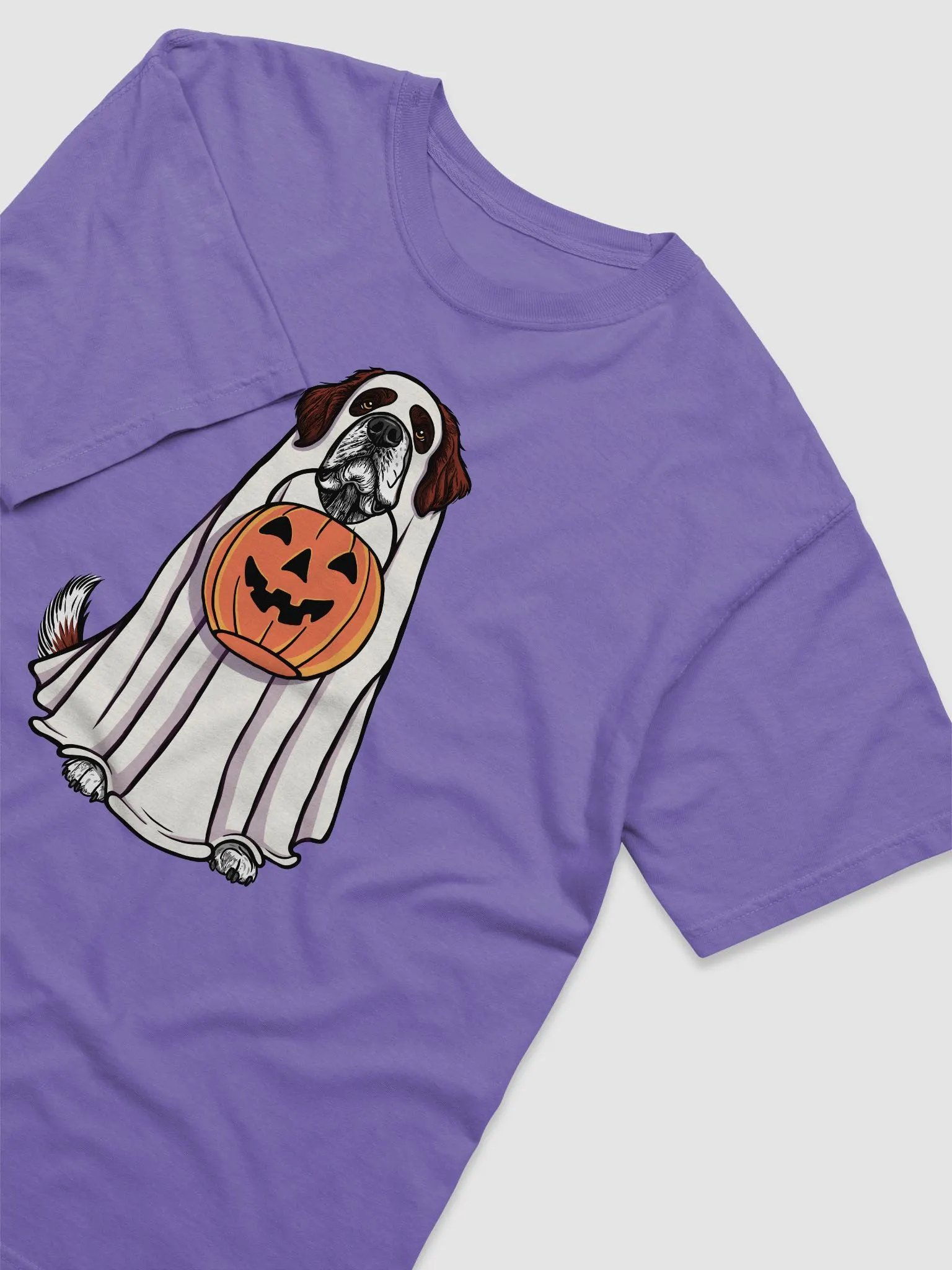 Funny Halloween Saint Bernard(Mahogany) T-Shirt | Funny Dog Wearing a Ghost Costume and Holding a Pumpkin Basket product image (6)