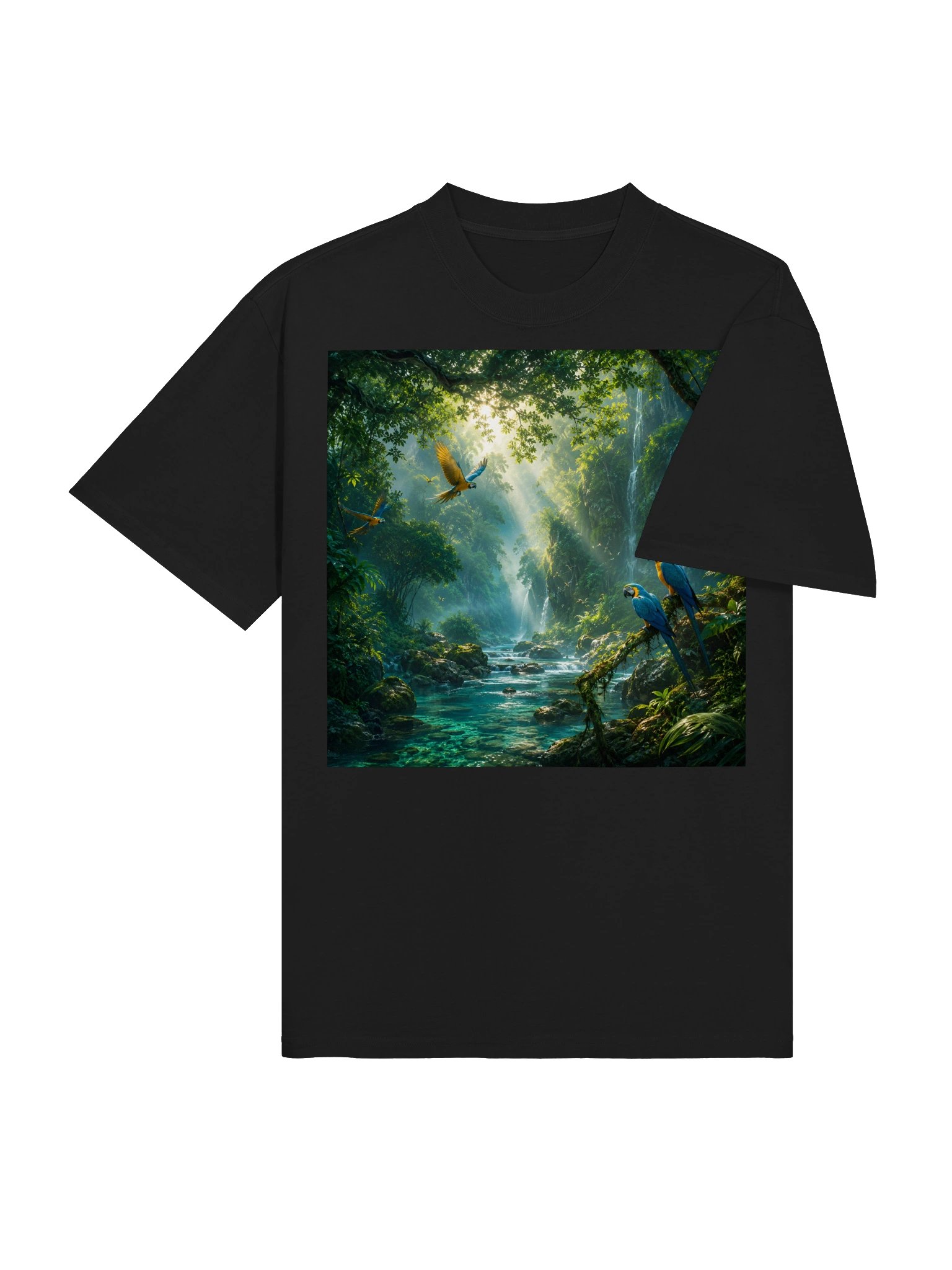 Tropical Macaw Rainforest T-Shirt | Unisex Oversized Nature Art Tee | Jungle Waterfall & Parrot Shirt product image (5)