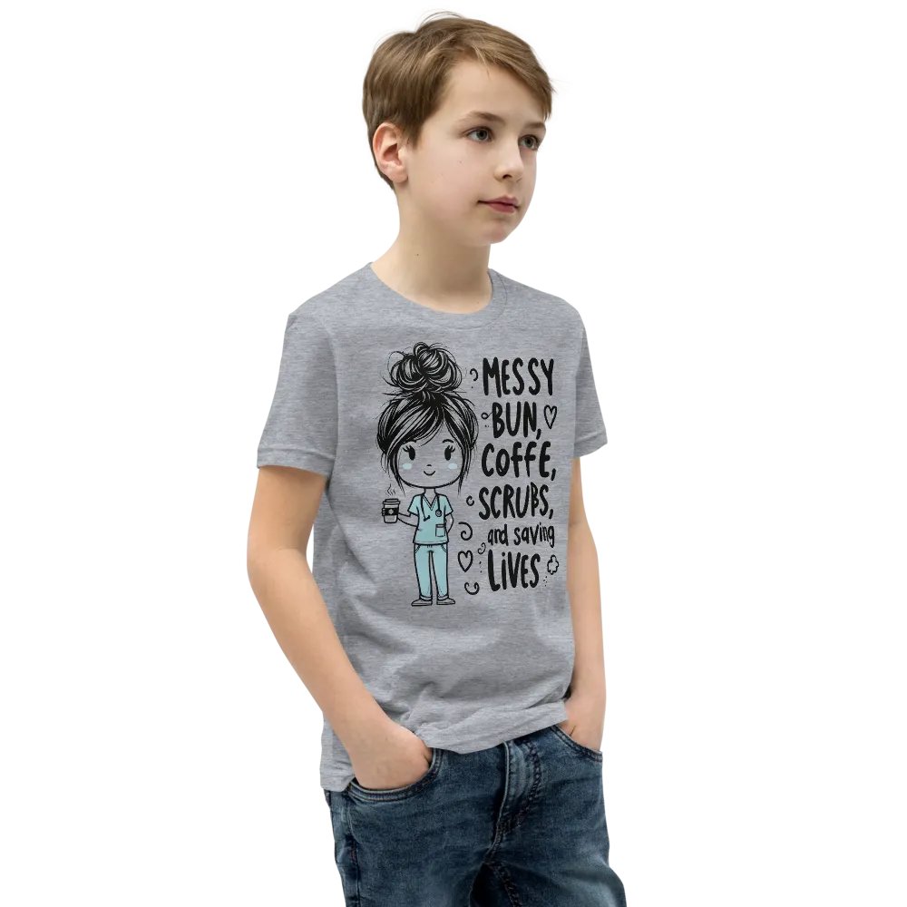 Messy Bun, Coffee, Scrubs, and Saving Lives Youth T-Shirt product image (62)