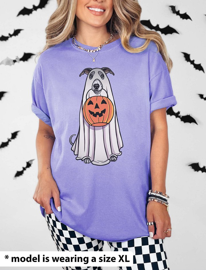 Funny Halloween Whippet(Blue & White) T-Shirt | Funny Dog Wearing a Ghost Costume and Holding a Pumpkin Basket product image (2)