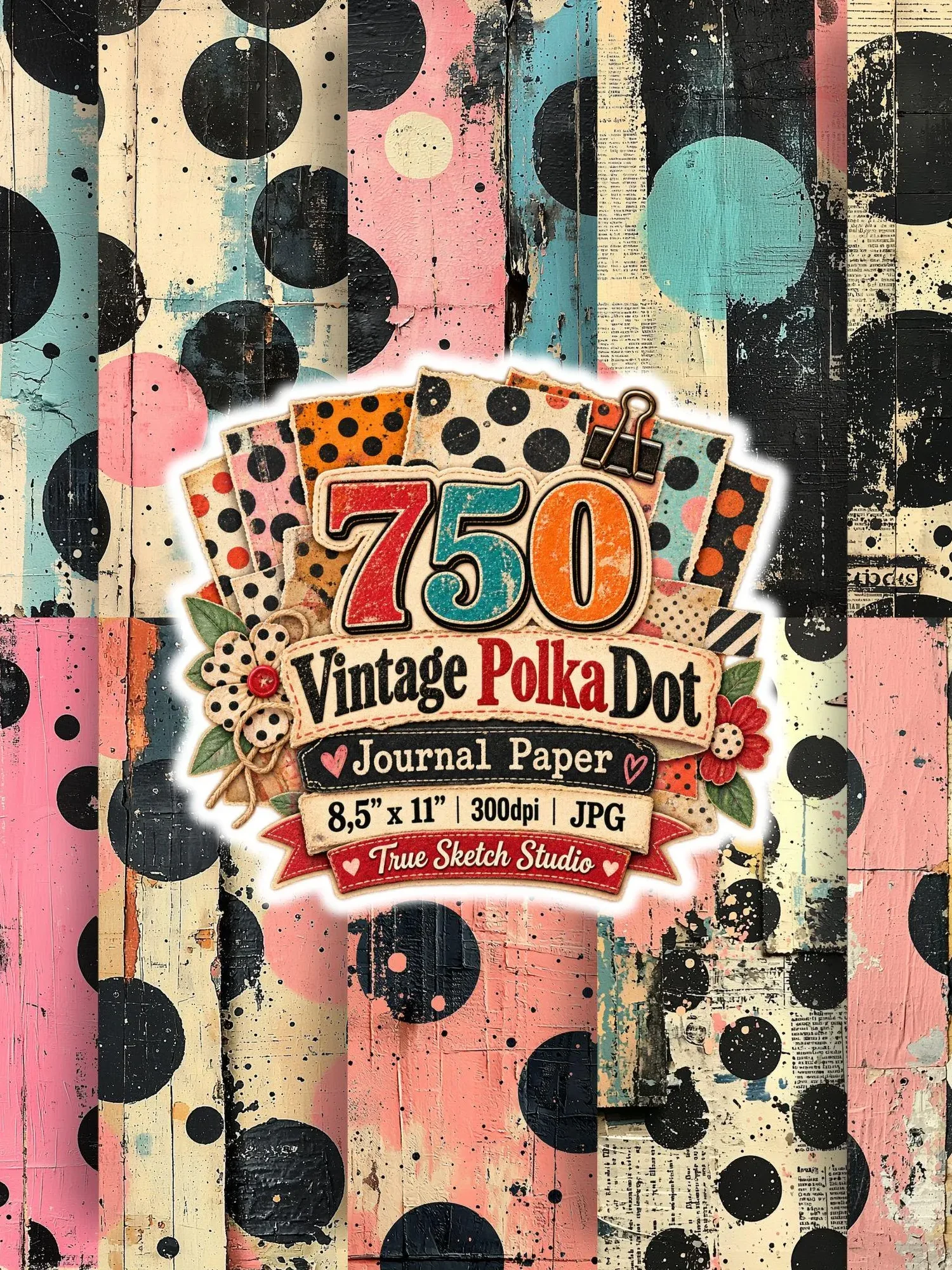 750 Vintage Polka Dot Digital Paper Bundle, Grunge Junk Journal Backgrounds, Retro Scrapbook Pages, US Letter 300DPI JPG, Printable Download product image (10)
