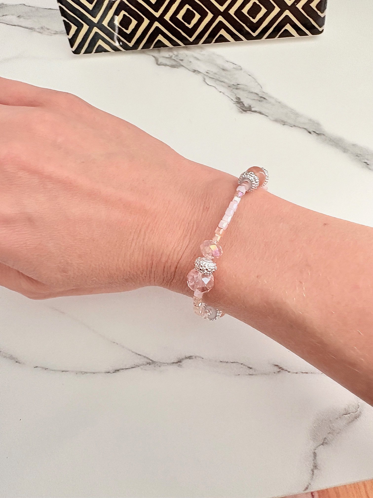 MFD-00053 | Blush Whisper | Faceted & Iridescent Bead stretch Bracelet with Lobster Clasp | Handmade 7.5" Coastal Charm | by Monique Faella Designs™ product image (5)