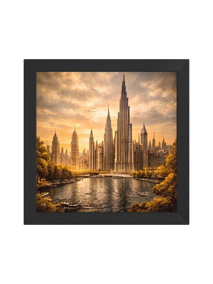 Goldene Metropolis: Utopische Skyline am Fluss Vibrant Ayous Wood Framed Poster product image (9)