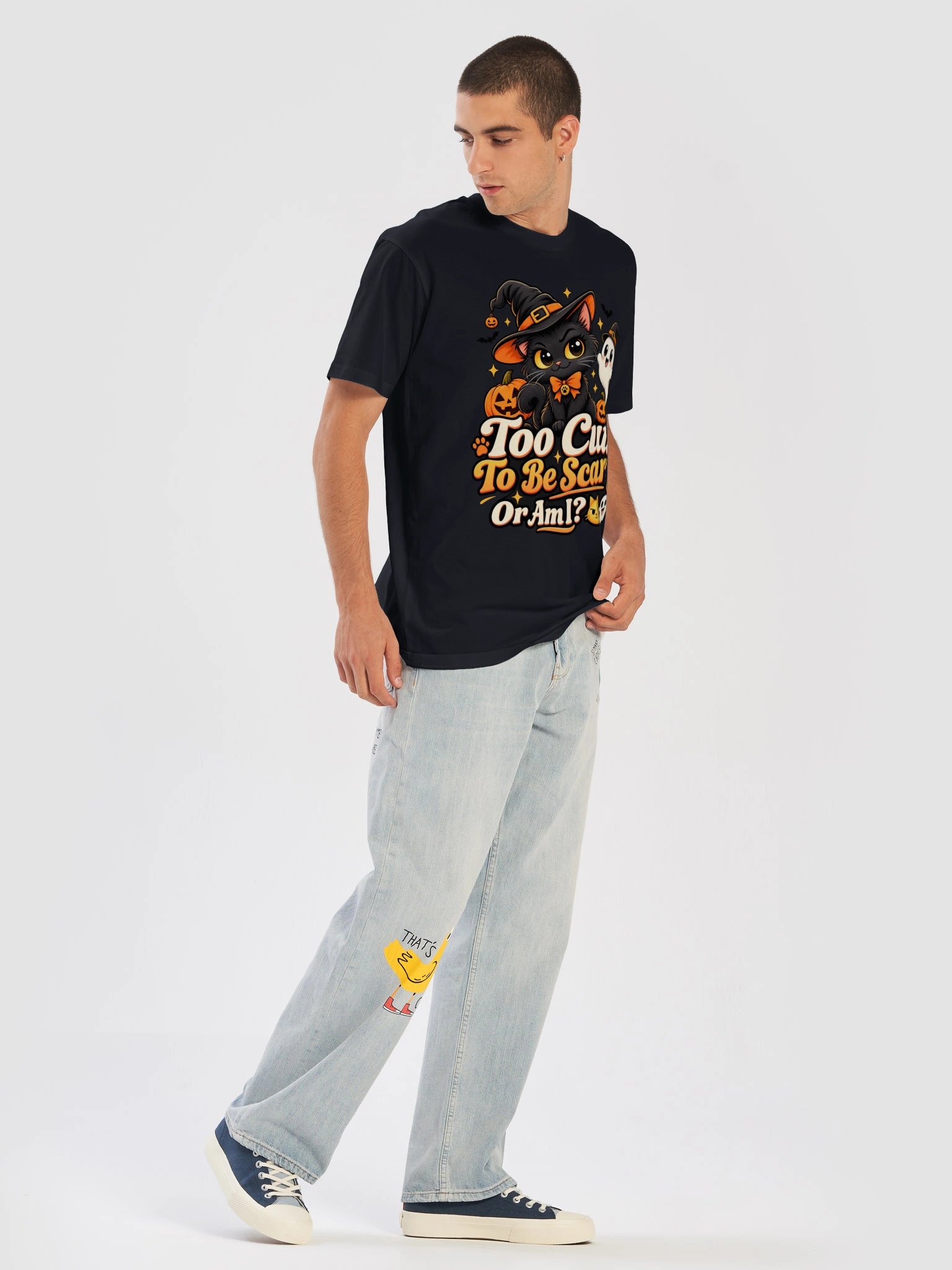 Too Cute To Be Scary Or Am I T-Shirt | Cute Halloween Black Cat Witch & Ghost Graphic Tee product image (37)