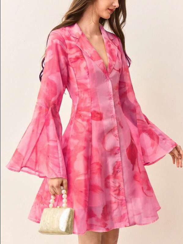 BELROSIE Tie Dye Floral Print Chiffon Collared A-Line Short Dress Dinner Brunch Vacation Garden Party Tea Party Tea Date Birthday Autumn Elegant Romantic product image (1)