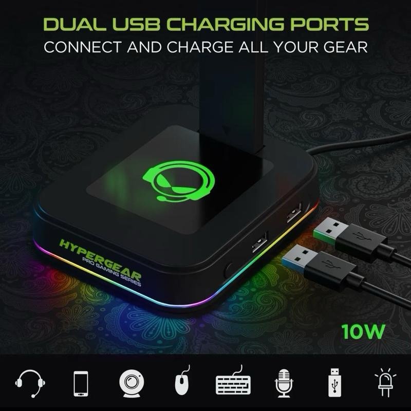 RGB Gaming Headset Stand with USB Charging Ports, LED Lighting, Easy Setup, Connection & Cable Management - Tech Audio Accessory for PC, PS5 Gaming Desks product image (4)