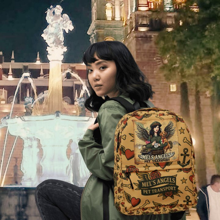 Mel’s Angels Tattoo Flash Logo Backpack – Vintage Chicano Style Travel Gear product image (1)