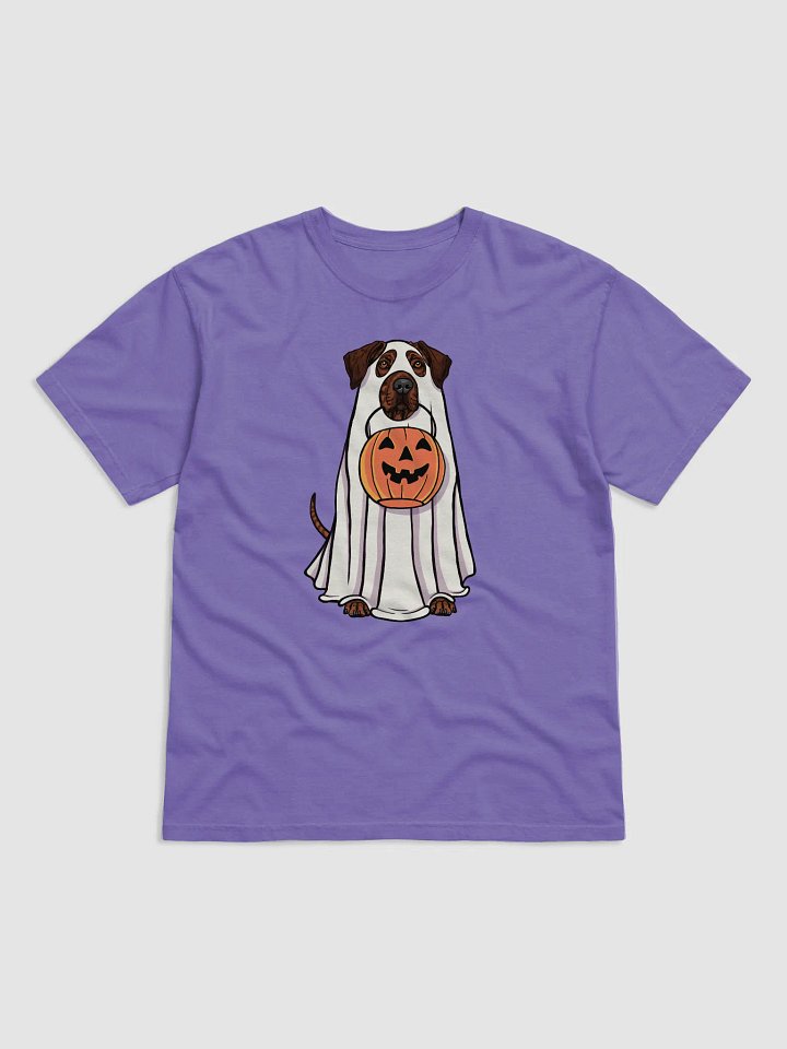 Funny Halloween Rhodesian Ridgeback(Brindle) T-Shirt | Funny Dog Wearing a Ghost Costume and Holding a Pumpkin Basket product image (1)