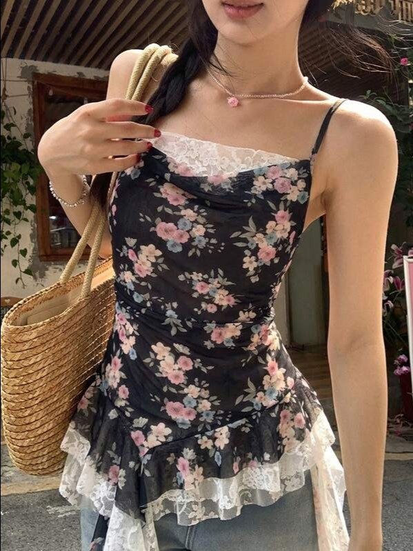 Floral Print Ruffle Hem Camisole — Boho Spaghetti Strap Crop Top product image (5)
