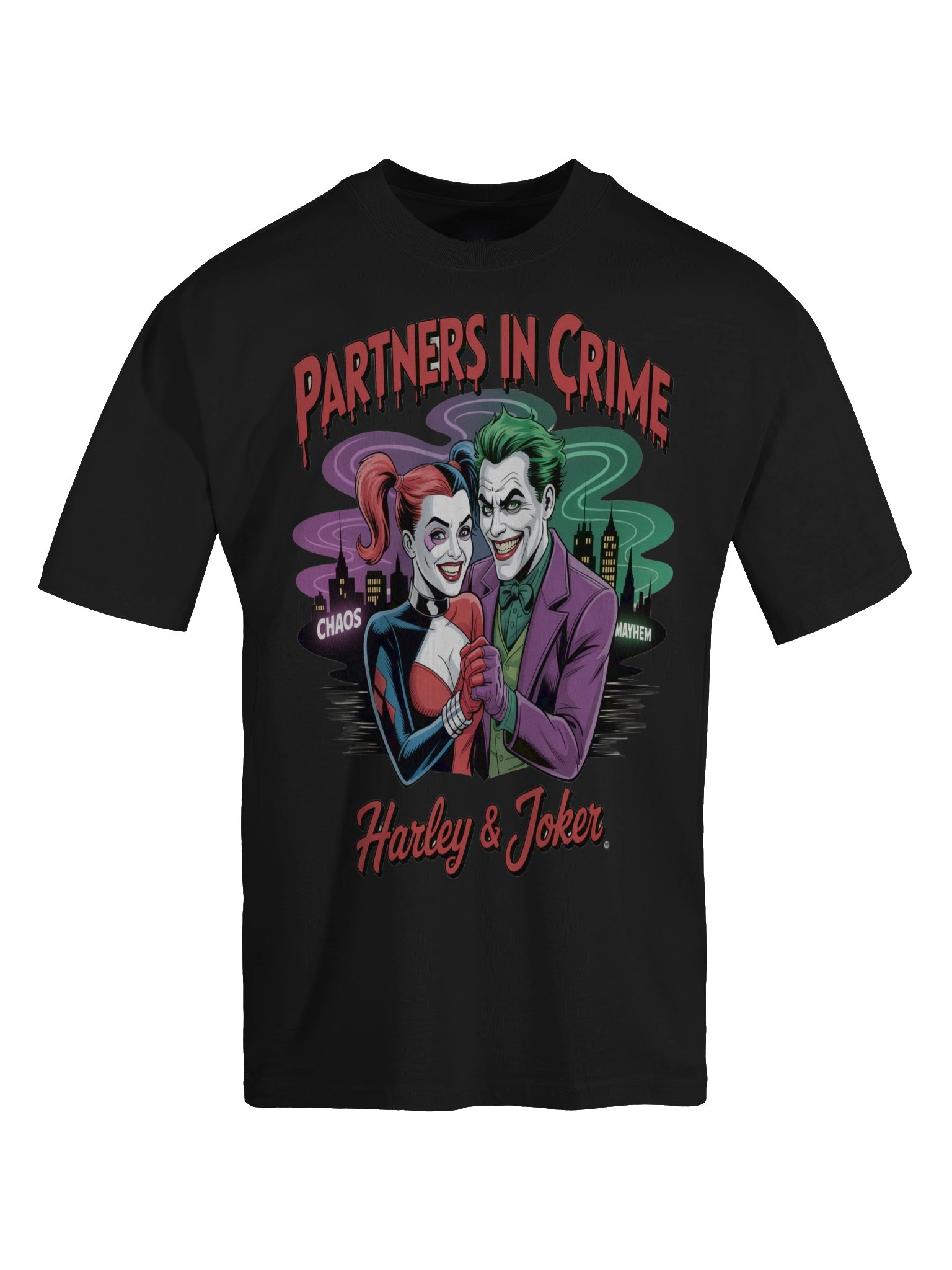 Partners in Crime: Harley Quinn & Joker Shadowed Shenanigans Oversized Faded Unisex T-Shirt product image (1)