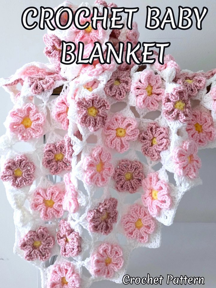 Pink Daisy Flower Baby Blanket Crochet Pattern & Video, New Baby Shower Gift, Boho Crochet Home Decor, Retro Style Floral Afghan product image (2)