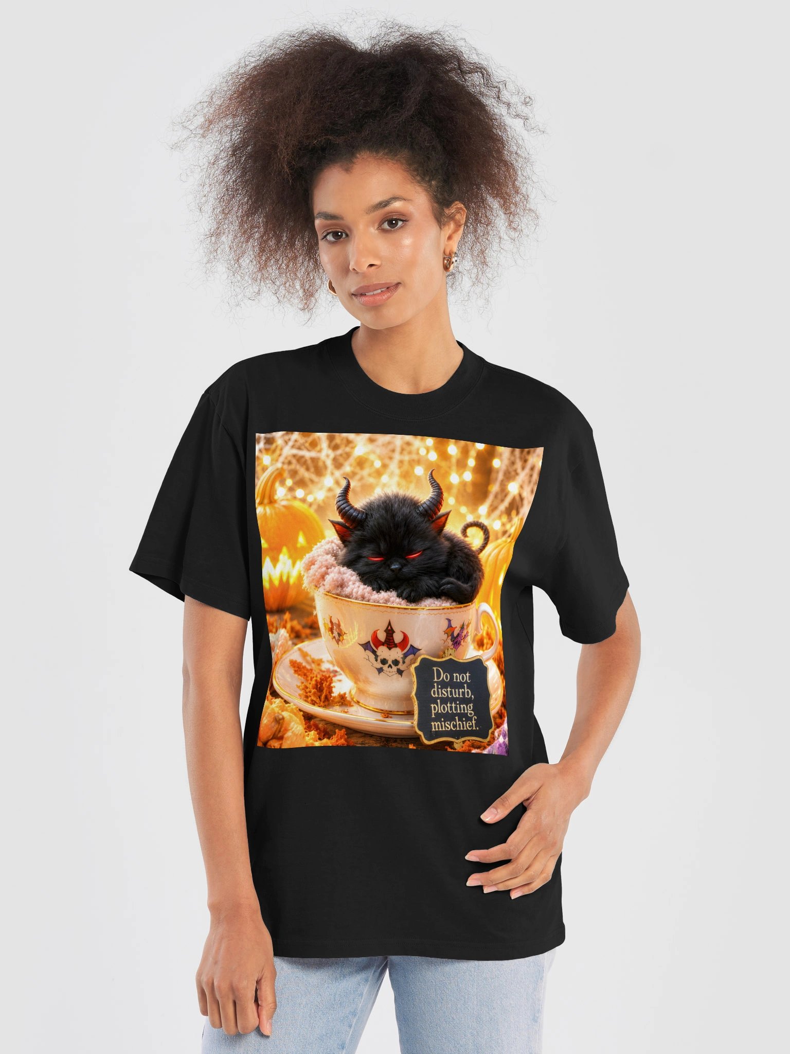 Black Faded Oversized Unisex T-Shirt | Funny Demon Cat Halloween Gift for Cat & Tea Lovers Tee product image (7)