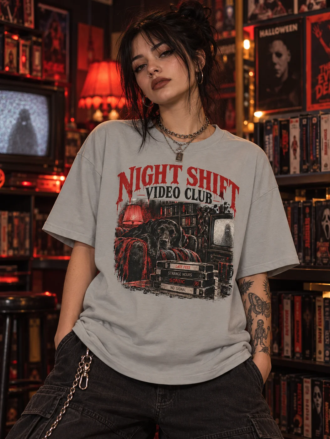 Horror Dog T-Shirt | Night Shift Video Club Tee | Gothic Dog Graphic Shirt | Alt Horror Tee product image (2)