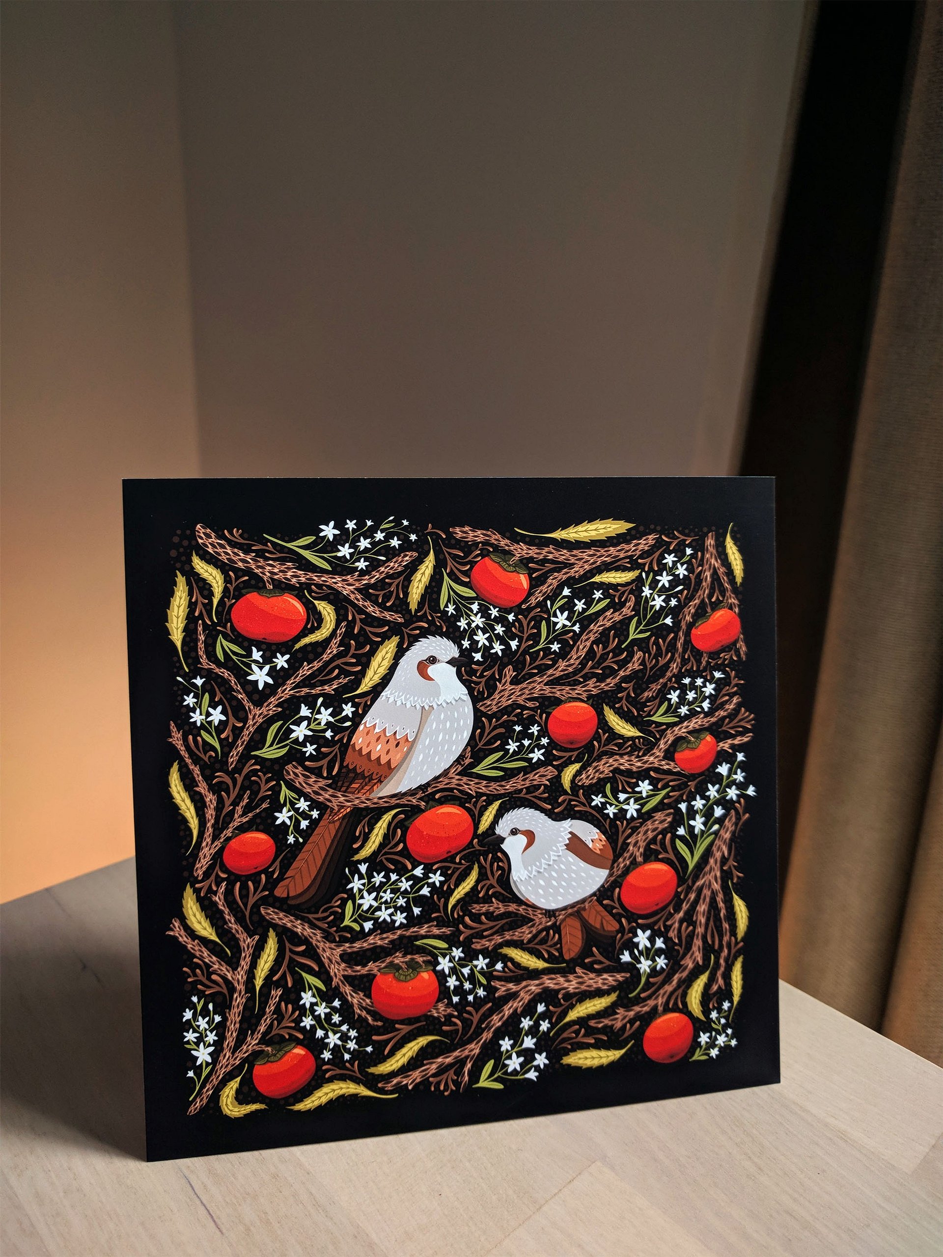 Brown Eared Bulbul & Persimmons - Bird Art Print product image (3)
