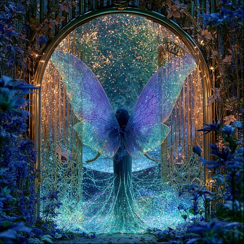 She steps through the golden threshold into her own becoming. Wings spread wide—iridescent purple and teal catching the light...