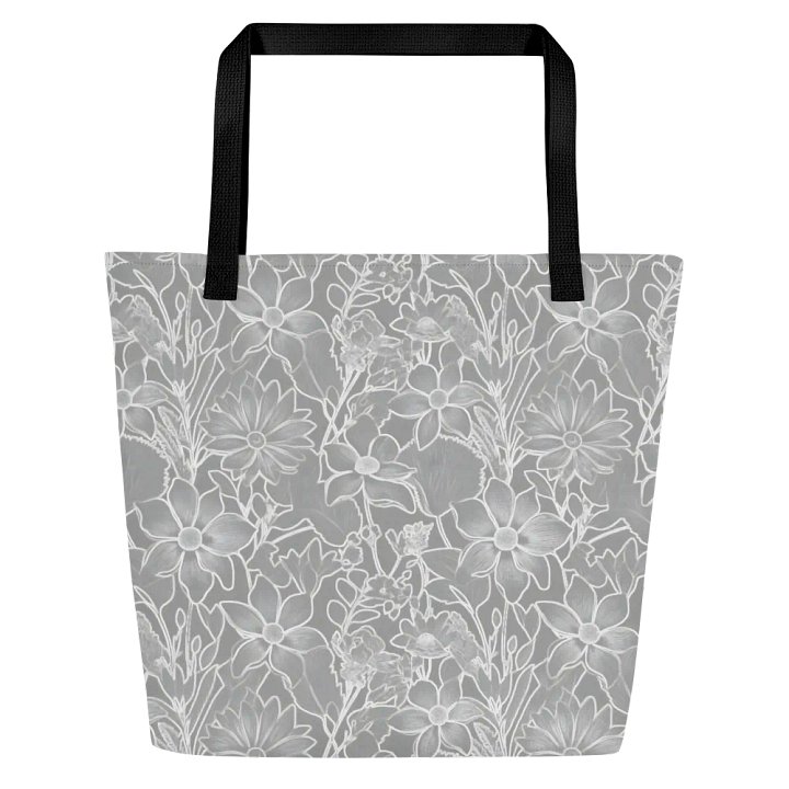 Line art Gray and White Floral/All-Over Print Large Tote Bag w/ Pocket by Sublicolor product image (2)