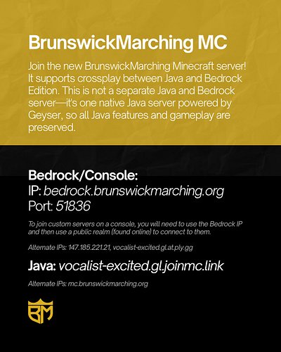 BrunswickMarching MC! We are excited to launch our new MC server! All downtimes, updates, and outages will be posted here. Us...