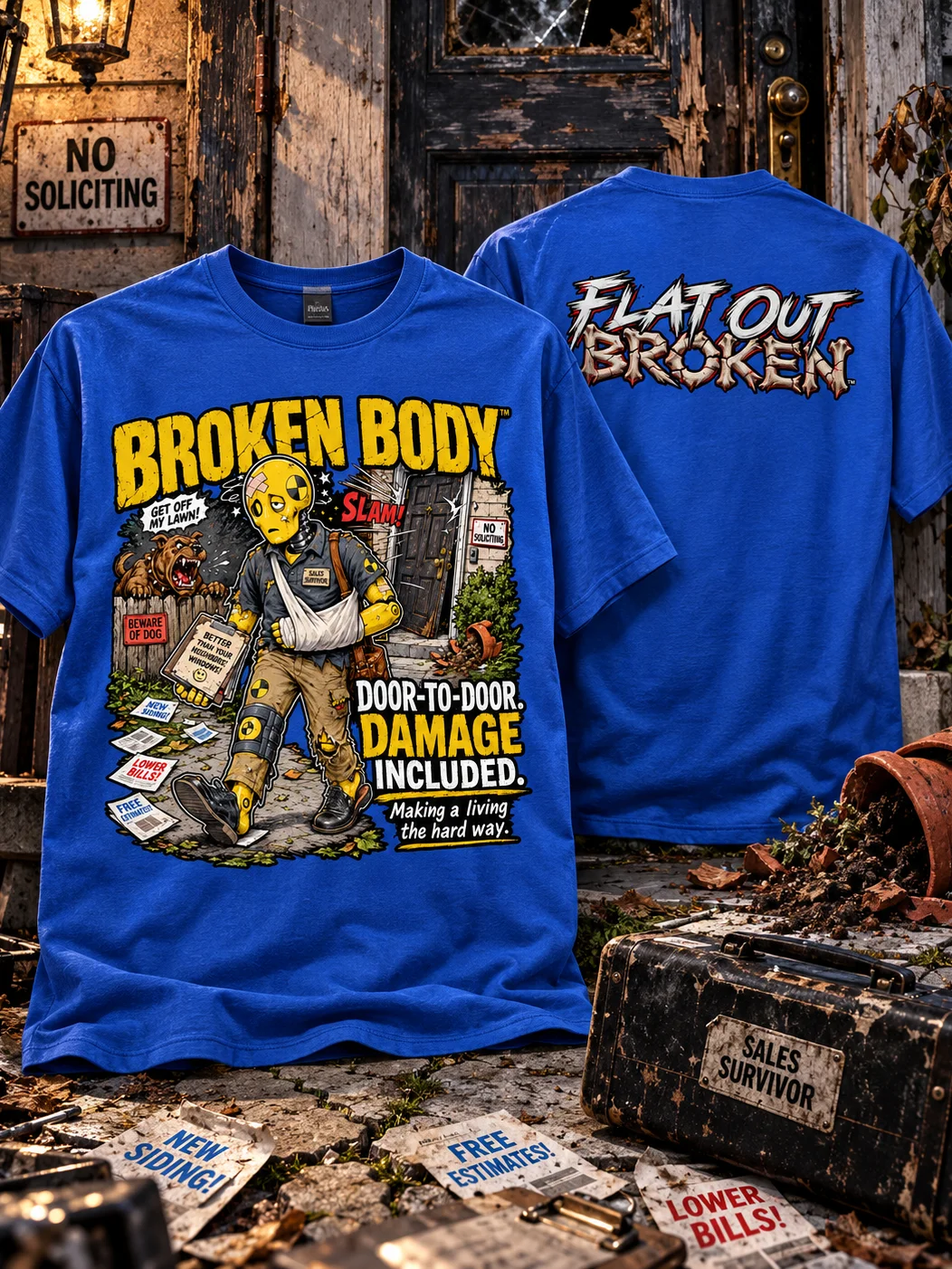 Funny Door-to-Door Salesman Shirt — Door-to-Door Damage Included | Flat Out Broken™ product image (1)