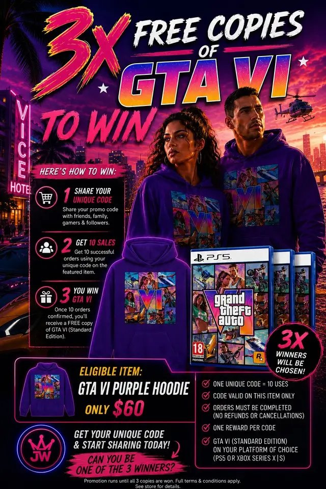Want a chance to grab GTA VI without spending a dime? Here’s your opportunity! I’m giving away 3 FREE copies of GTA VI (Standard Edition) to 3 lucky winners who can refer 10 successful sales of the GTA VI Purple Hoodie ($60) from The JavaWockee Merch Store. ✅ Here’s how it works: 🎟️ Request your unique promo code   📢 Share your code with friends, family, and fellow gamers   🛒 Every time someone buys the GTA VI Purple Hoodie using your code, it counts as one referral   🏆 Once you hit 10 confirmed sales, you’ll score a FREE copy of GTA VI (Standard Edition) for PS5 or Xbox Series X|S. **Terms:** ✔️ Only the GTA VI Purple Hoodie qualifies   ✔️ One unique promo code per participant (max 10 uses)   ✔️ Orders must be completed (no refunds or cancellations)   ✔️ One game reward per qualifying participant   ✔️ Limited to 3 winners only Think you’ve got what it takes? Start sharing now and see if you can be one of the 3 winners! 🚀 💬 Comment below or send me a message to claim your unique promo code today! #GTAVI #GrandTheftAutoVI #Gaming #Giveaway #PS5 