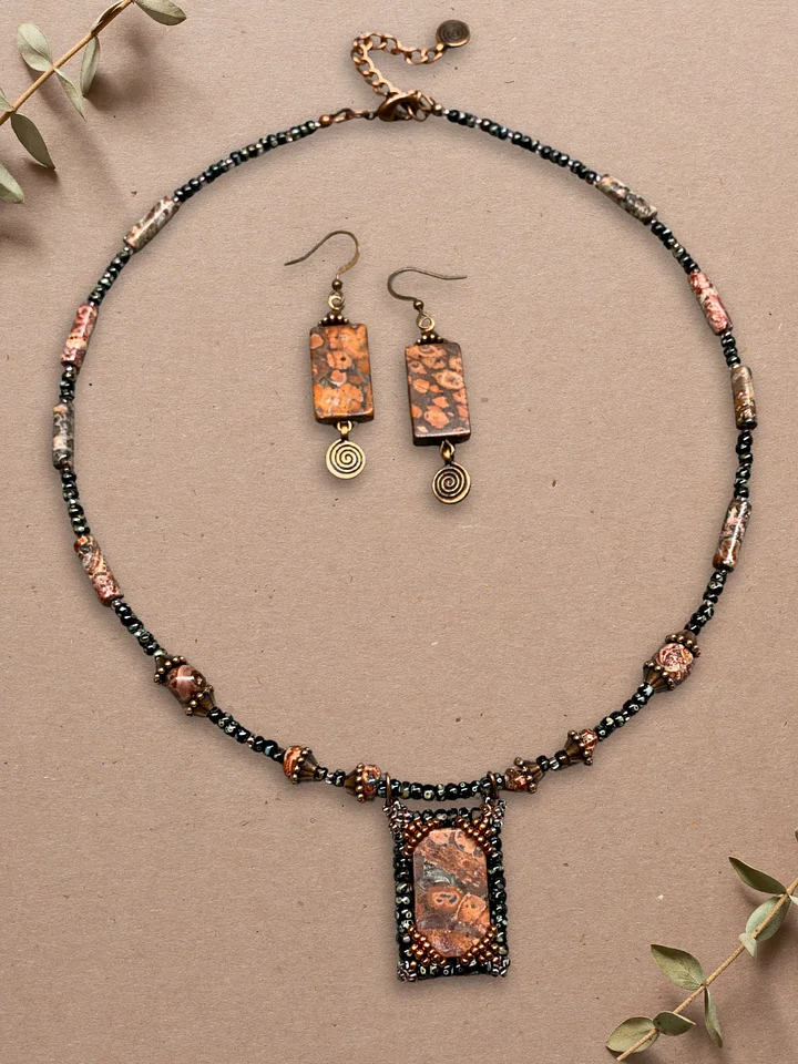 Leopard Print Jasper Red/Black Beaded Pendant Necklace and Earrings product image (2)