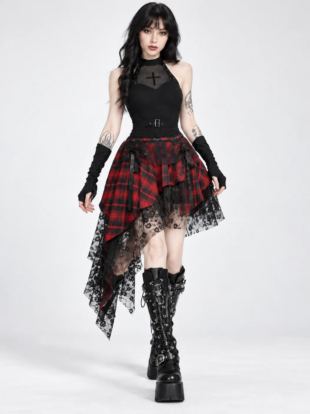 Crimson Nocturne Tartan Lace Skirt product image (1)