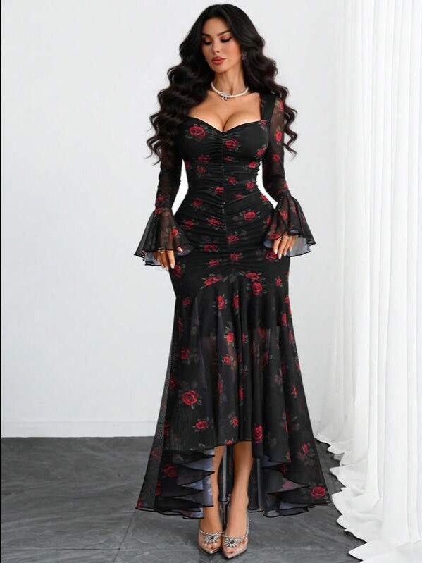 Women's Elegant French Romantic Sexy Double-Layer Petal Sleeve Waist Cinched Asymmetric Mesh Lace Hem Dress Vacation Spring product image (2)