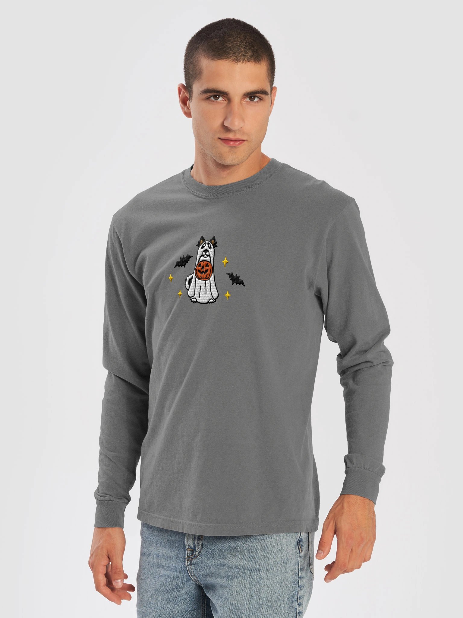 Halloween Alaskan Malamute(Black & White) Embroidered Long-Sleeve T-Shirt product image (13)