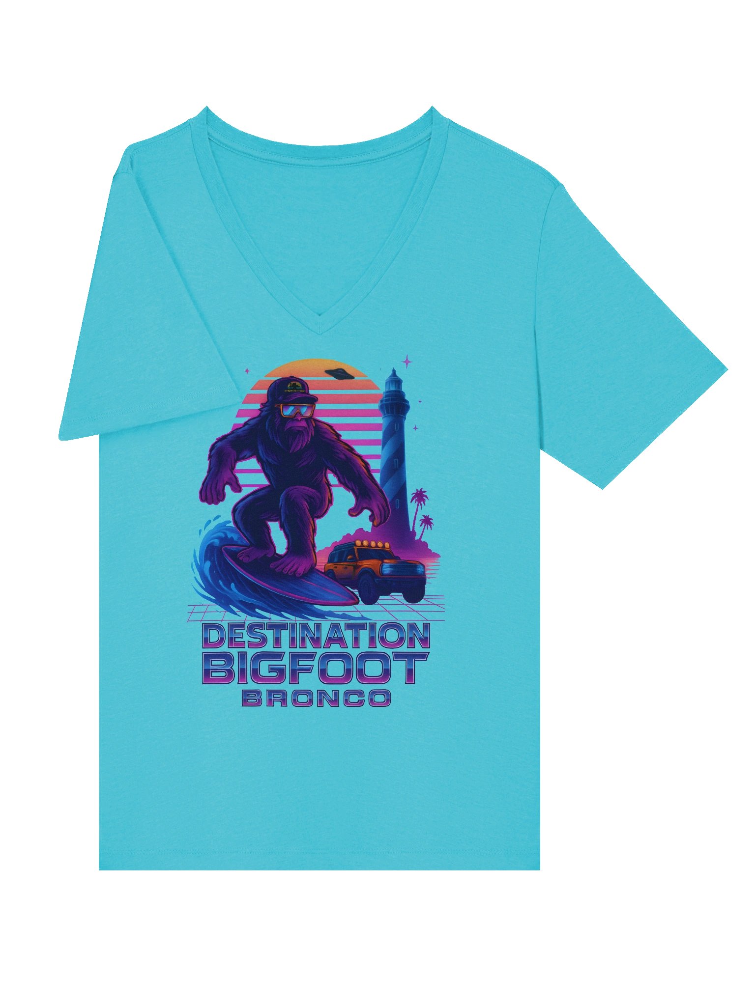 Destination Bigfoot Bronco Synthwave Bella+Canvas Women's Relaxed V-Neck T-Shirt (Multiple Colors Available) product image (71)