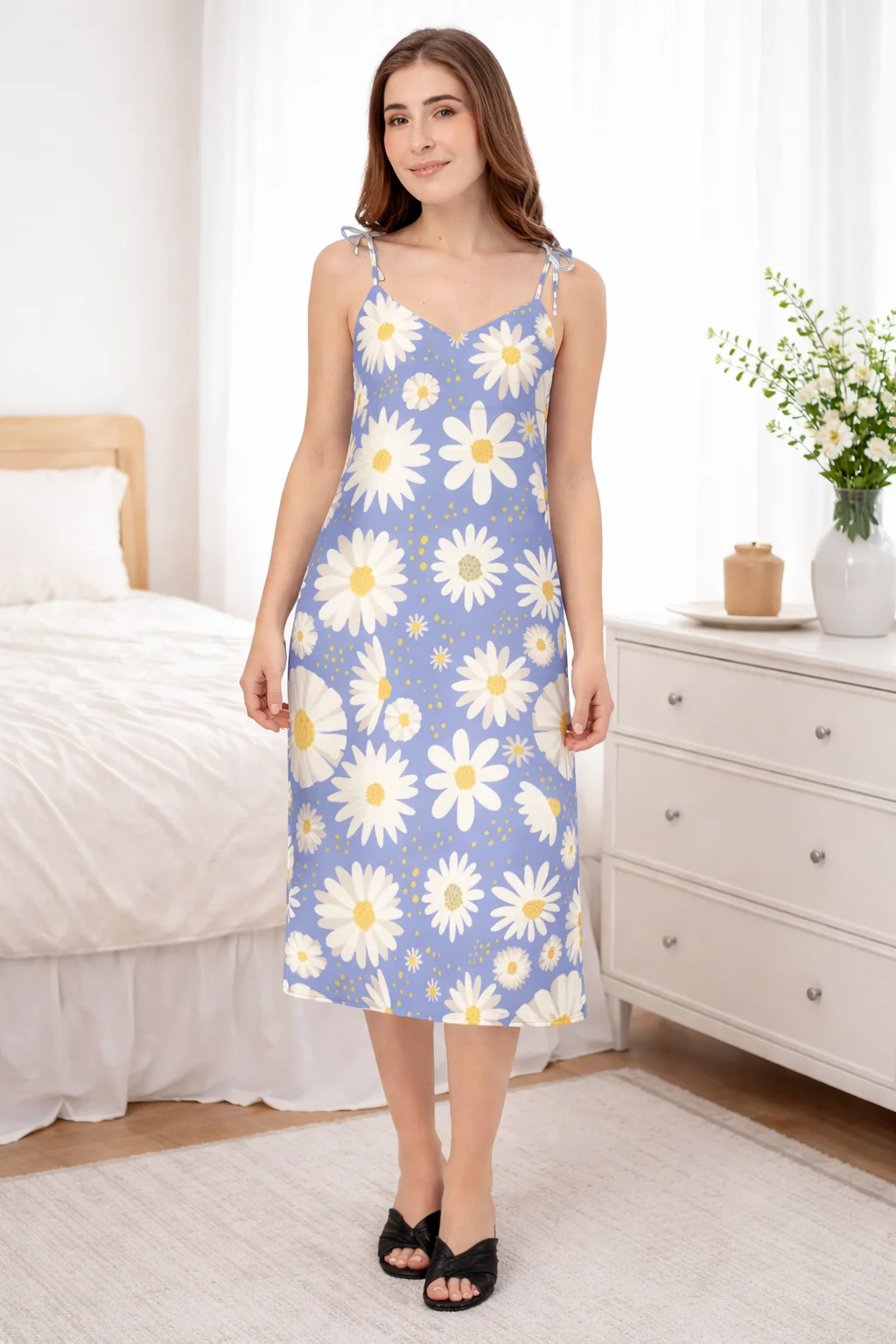 Women’s Floral Sleep Dress – Blue Daisy Print Sleeveless Nightgown Soft Comfortable Nightwear product image (2)